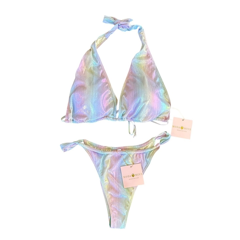 Moda Minx Pearl Iridescent Bikini Set XXL Simple Halter Top Fixed Rouched Bottom